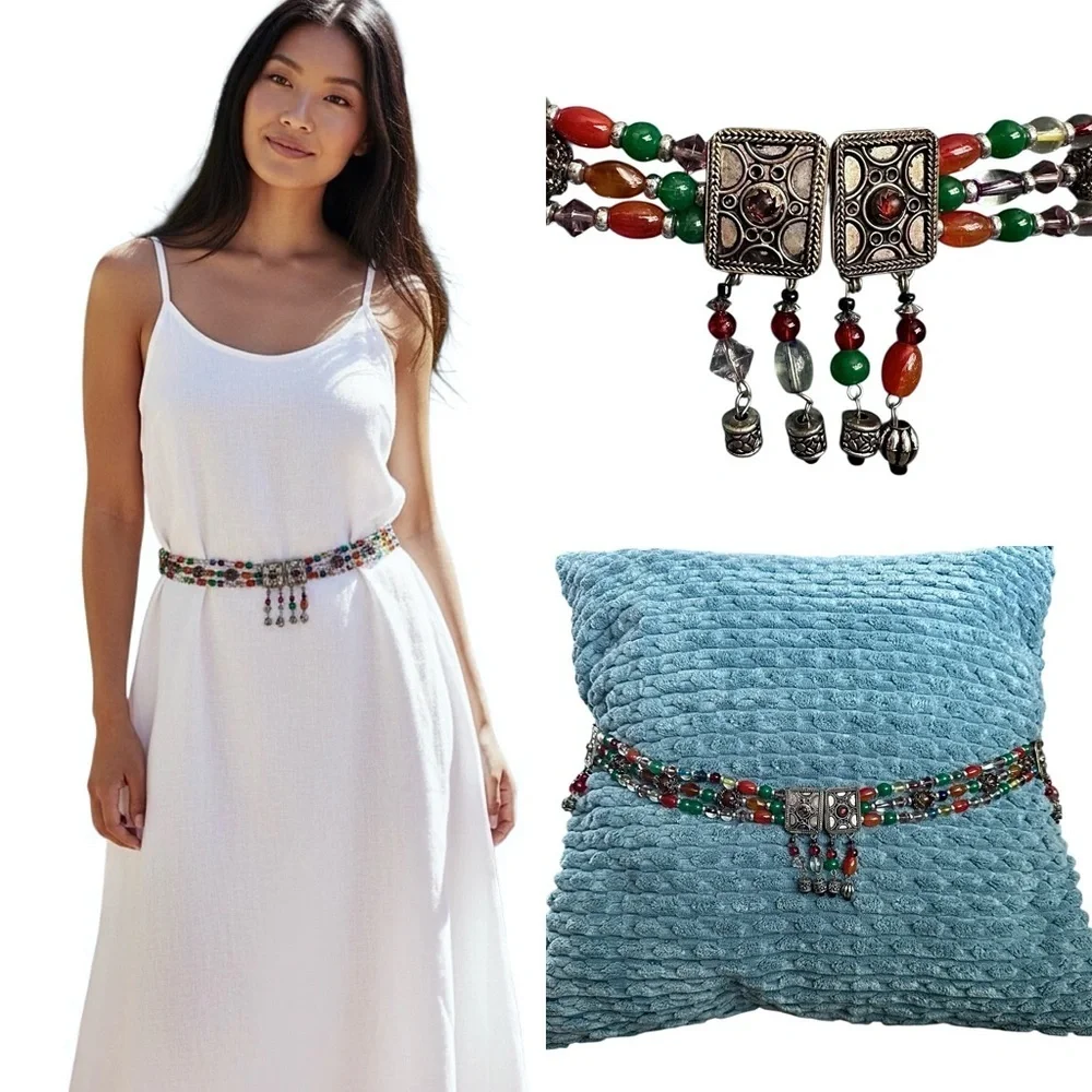 Vintage Style Triple Strand Beaded Waist Belt Hook Closure Silver Embossed Clasp